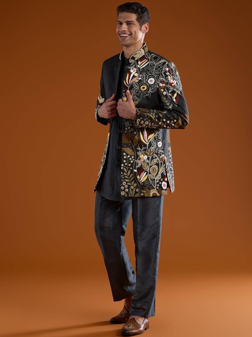 Charcoal Grey/Navy Indowestern Kurta Set With Resham Embroidery